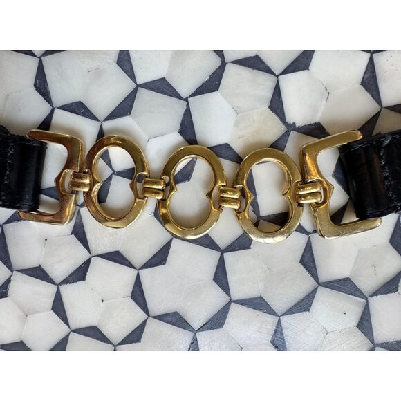 Vintage Black Faux Leather Belt W/ Gold Oval Buckle Design 35" Total Length - Picture 3 of 5